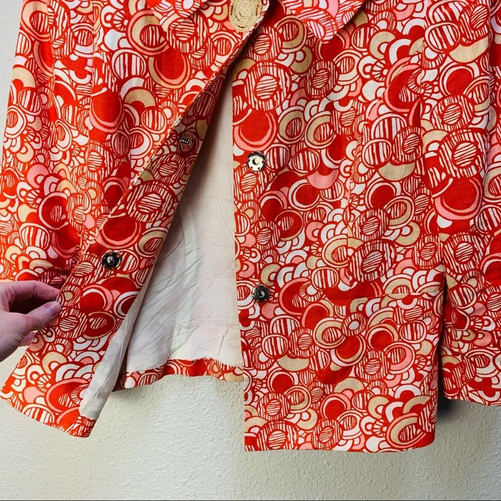 Vintage Anthracite orange white tan circle print LINEN blazer Woven buttons 6/S - Picture 13 of 16